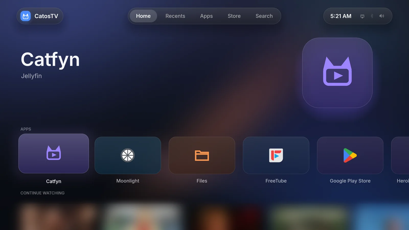 CatosTV home screen with app tiles for Catfyn, Moonlight, Files, FreeTube and Google Play Store