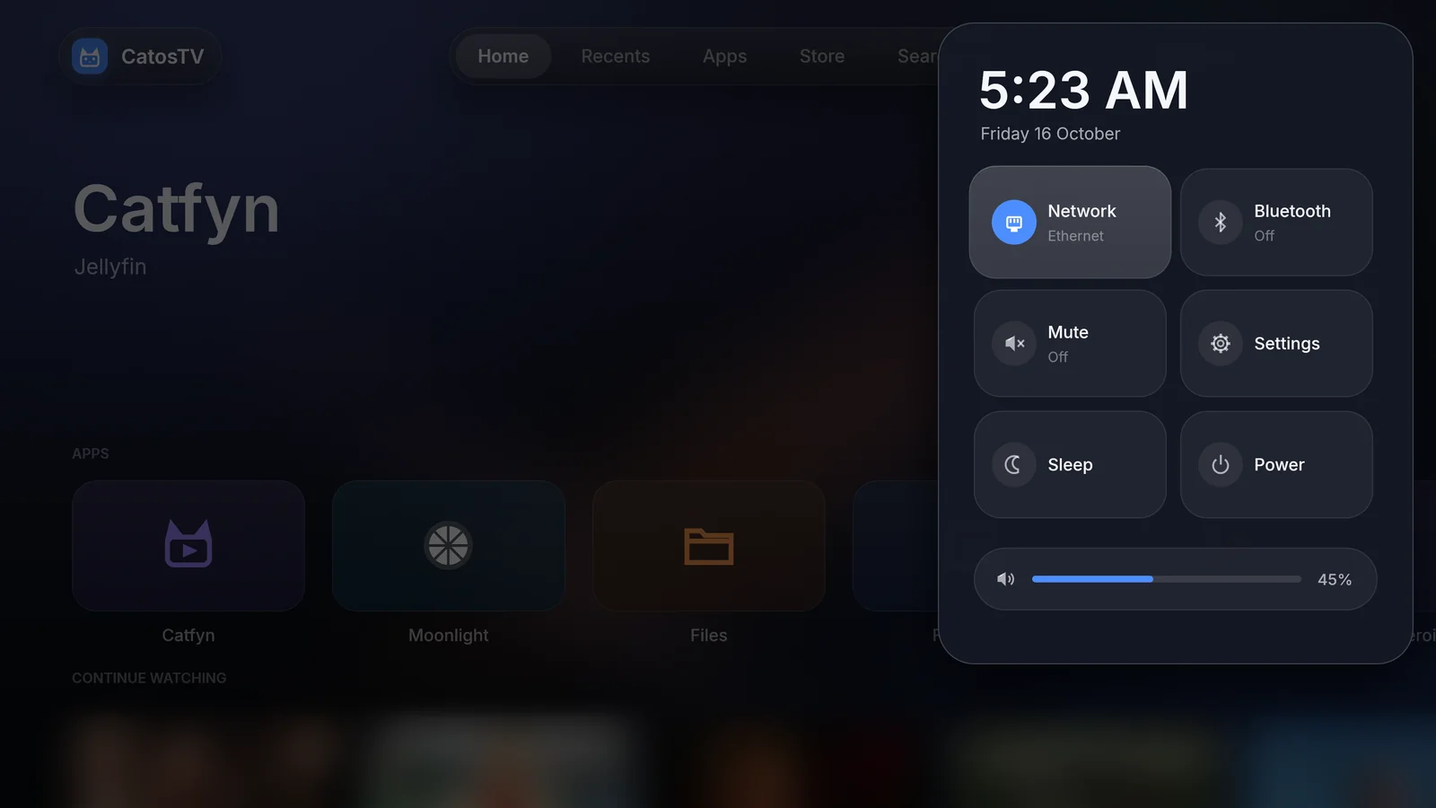 Quick settings panel with network, Bluetooth, mute, sleep, power and a volume slider
