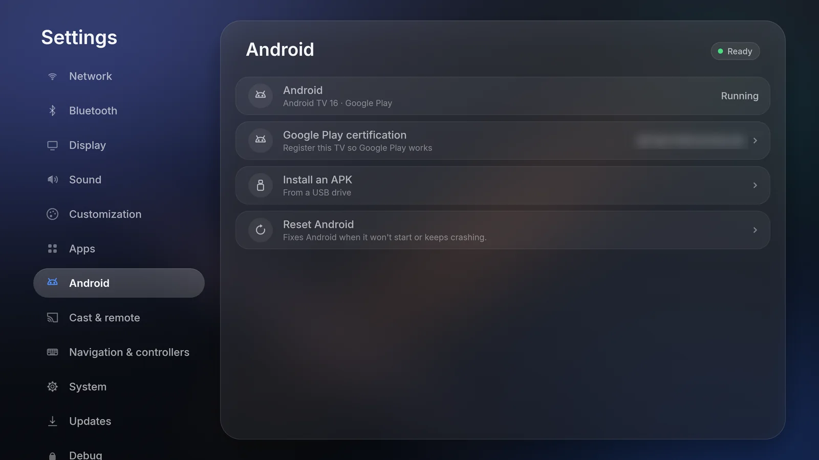Android settings showing Android TV 16 with Google Play running, Play certification, Install an APK and Reset Android