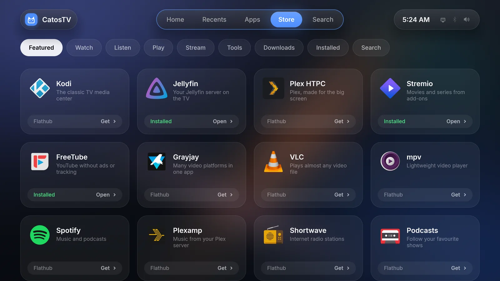 Store showing Kodi, Jellyfin, Plex HTPC, Stremio, FreeTube, Grayjay, VLC, mpv, Spotify, Plexamp, Shortwave and Podcasts